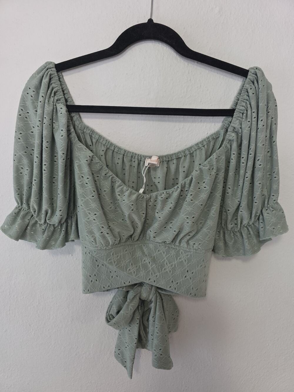 Blush BJ Sage Mint Green Eyelet Crop Top Tie Back Puff Off Shoulder Sleeve 1XL